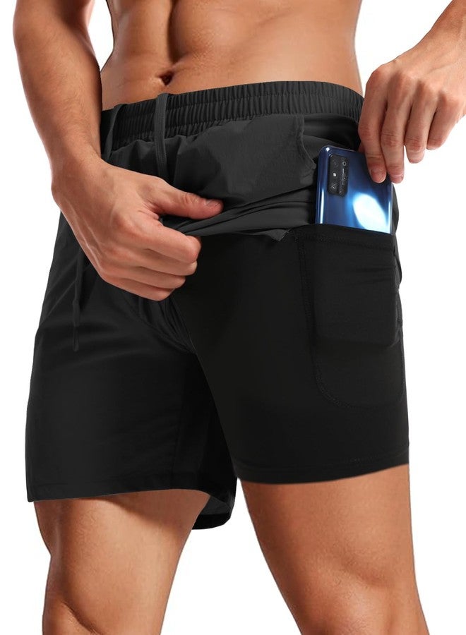 Aolesy Men's Workout Shorts with Liner 5 Inch Quick Dry 2 in 1 Running Shorts for Men Sports Athletic Gym Shorts with Zipper Pockets Black - Image 1